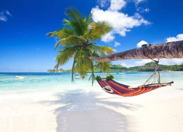 Caribbean beach holiday with hammock on a white sand beach