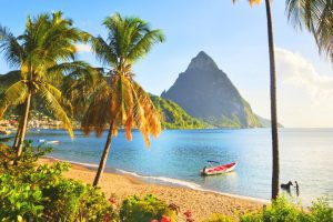 Saint Lucia holiday view with gorgeous beach and mountainous backdrop