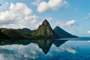 St Lucia Pitons reflecting in the water